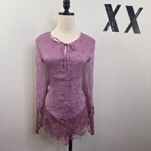 Y2K Silk Lavender Beaded Fairy Blouse Front Tie Paisley Trim Layered L